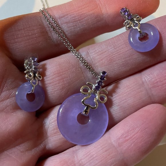 💜 Sterling Silver Lavender Jade Amethyst Earrings and Pendant Necklace Set 925 - Picture 11 of 15